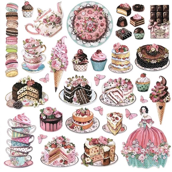Elegant Tea & Dessert Party, Lady With Full Skirt, Macaroons & More 35 Stickers - Picture 2 of 4